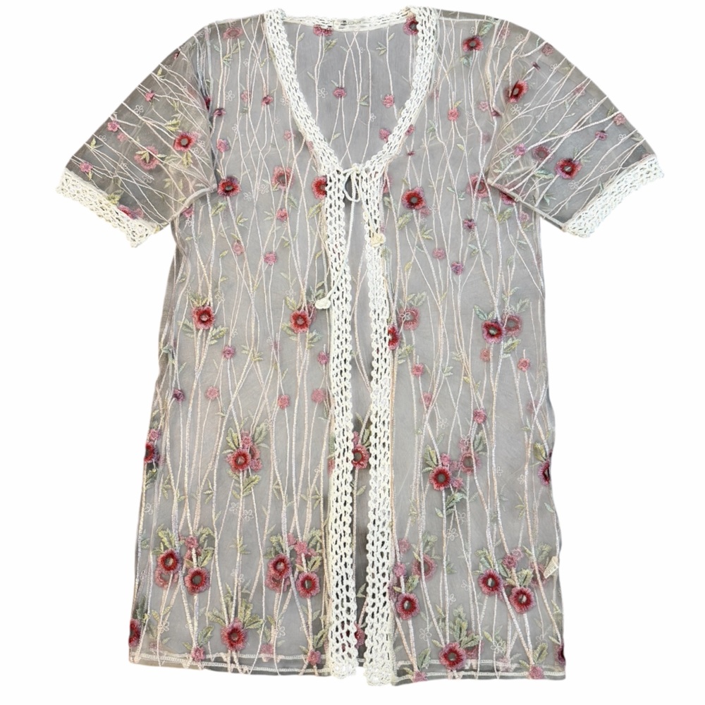 Cupshe Sheer Floral Embroidered Crochet Trim Kimono‎